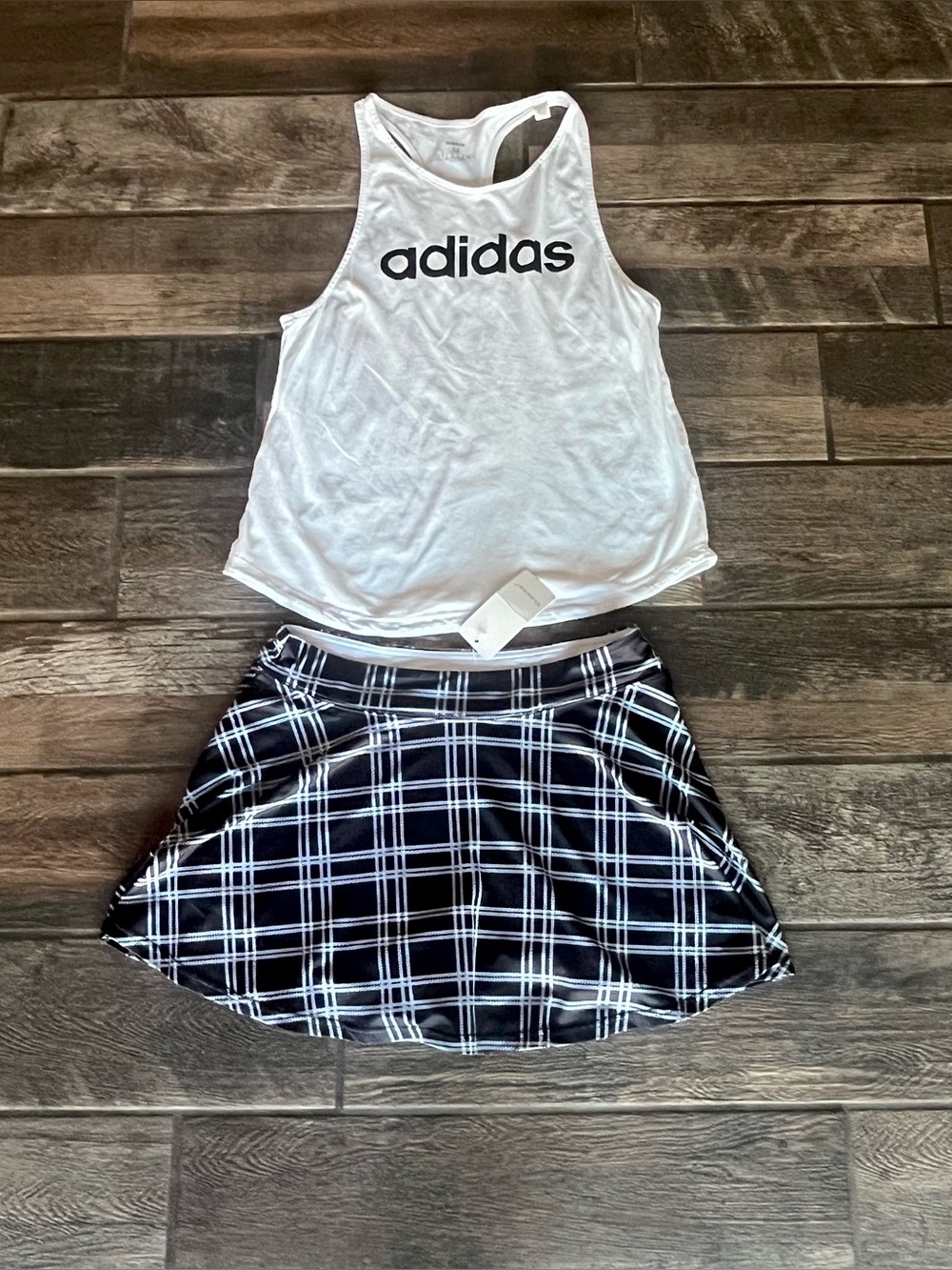 Ekouaer athletic plaid skort skirt built in shorts L plus Adidas tank top M